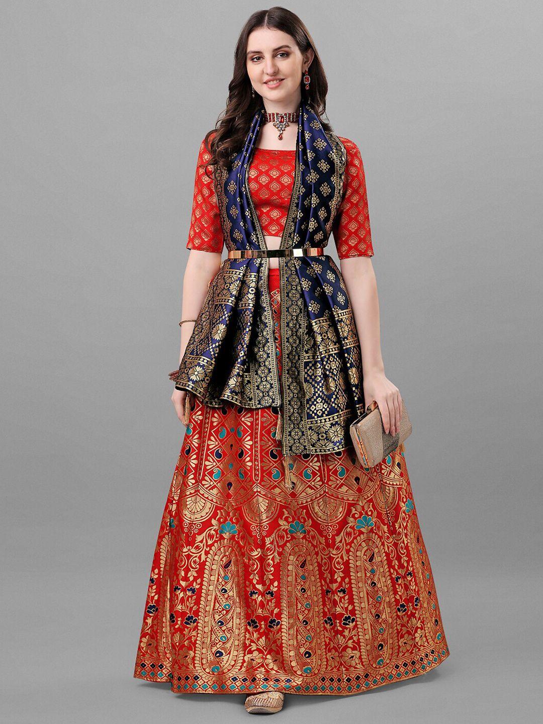 fashionuma red & navy blue semi-stitched lehenga & unstitched blouse with dupatta