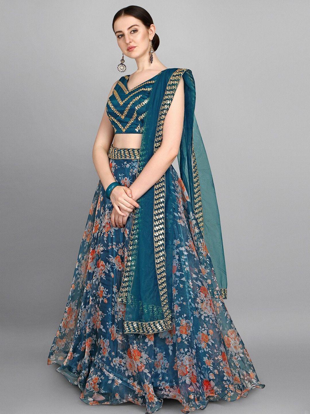 fashionuma turquoise blue & red embellished sequinned semi-stitched lehenga & unstitched blouse with dupatta