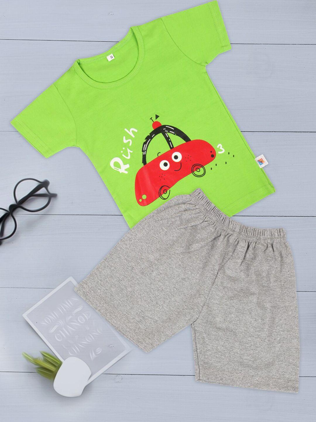 fashitale-kids-green-&-grey-printed-pure-cotton-t-shirt-with-shorts