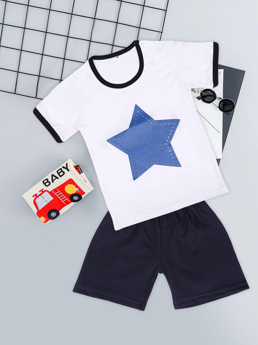 fashitale kids white & navy blue printed pure cotton t-shirt with shorts