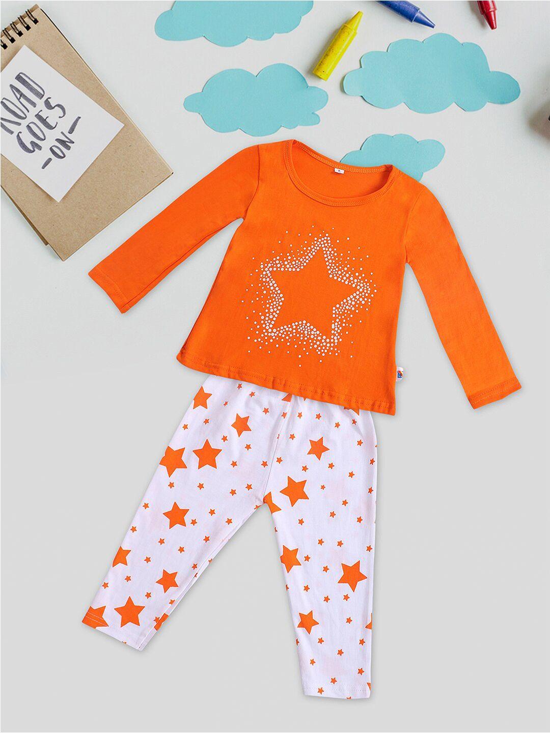 fashitale unisex kids orange & white printed t-shirt with pyjamas