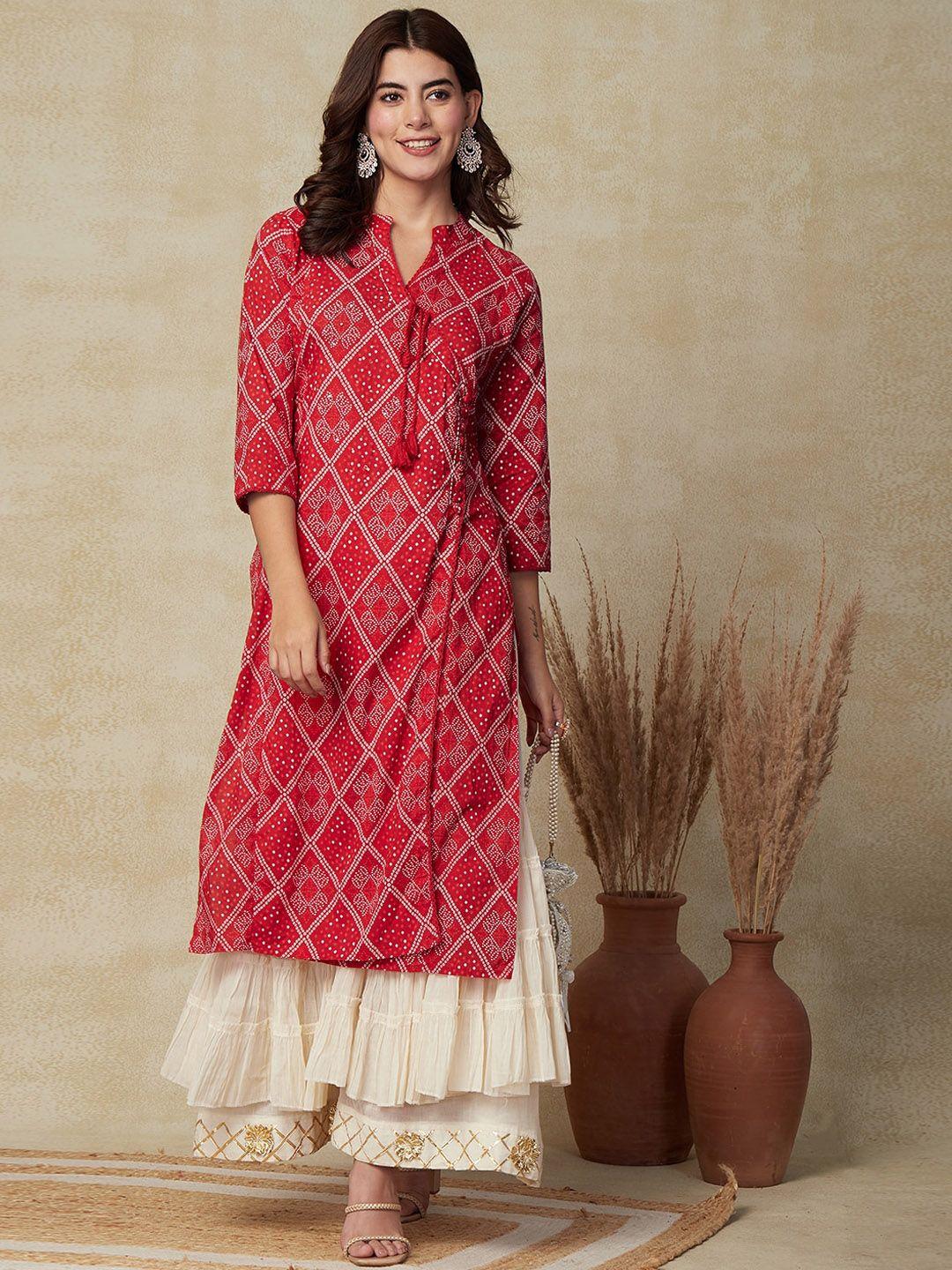 fashor bandhani printed v-neck sequinned cotton kurta