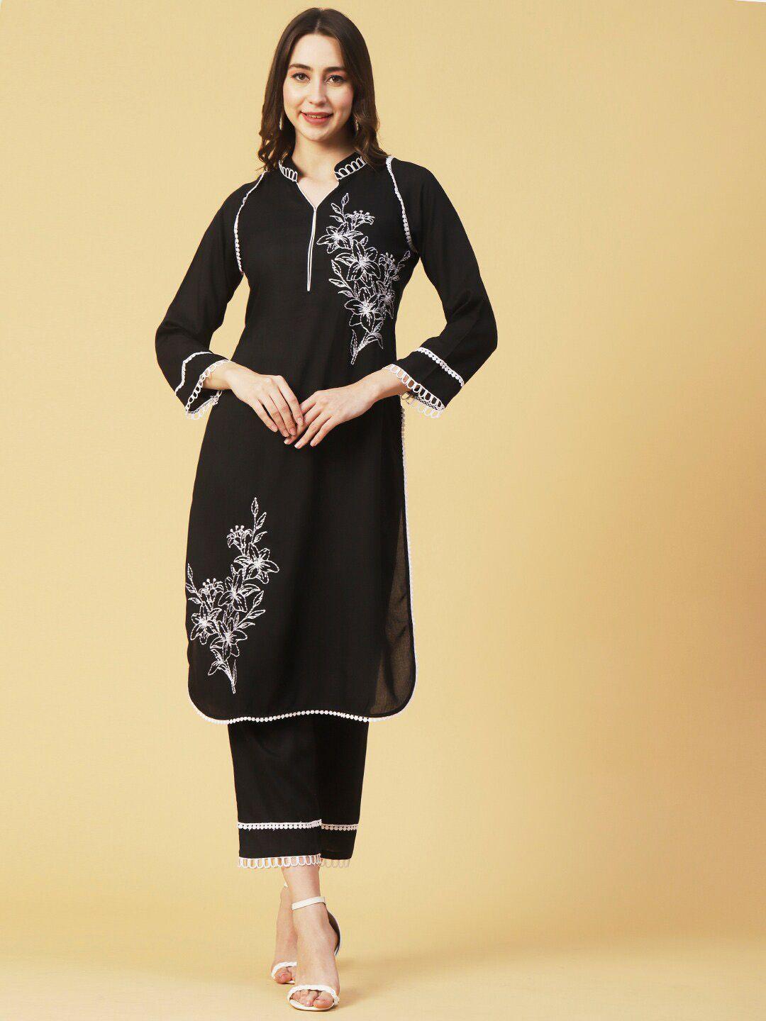 fashor black & white floral embroidered curved kurta with trousers