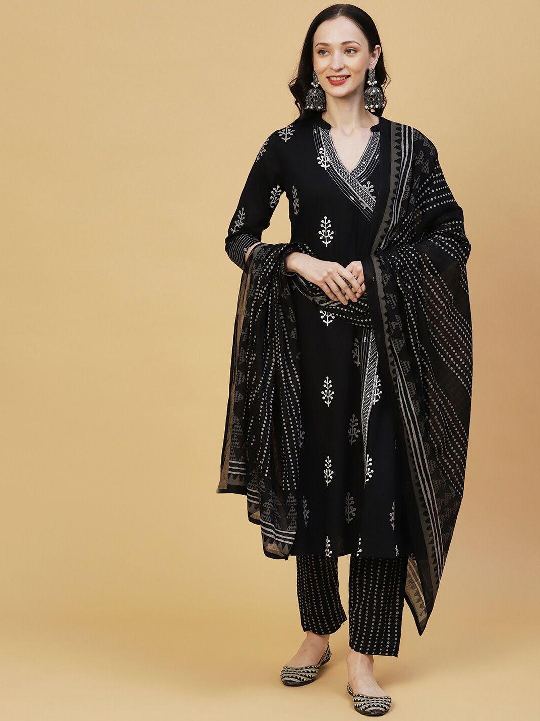 fashor black ethnic motifs printed angrakha pure cotton kurta with trousers & dupatta