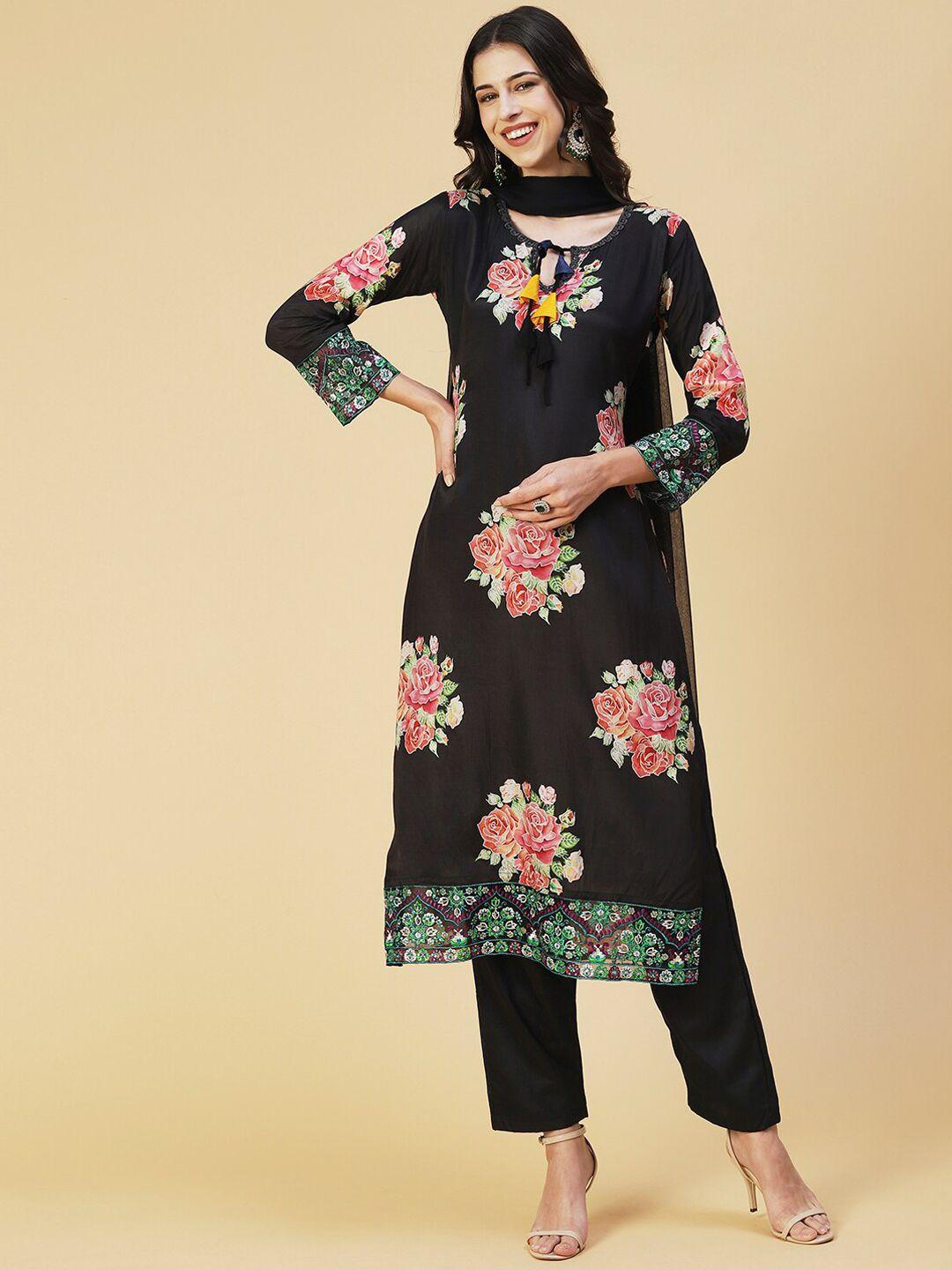 fashor black floral motifs printed straight silk crepe kurta & trousers with dupatta