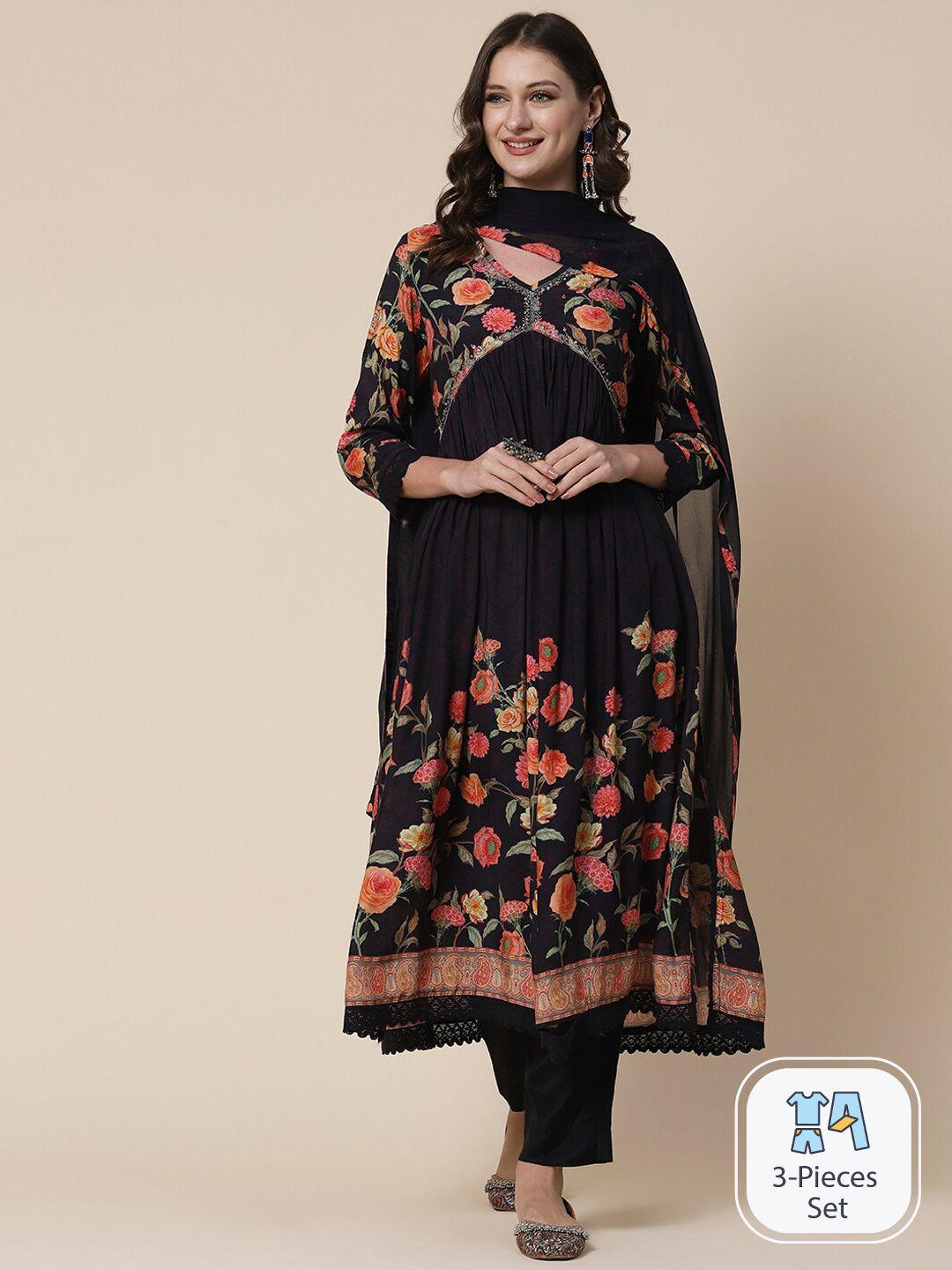 fashor black floral printed beads and stones kurta with trousers & dupatta