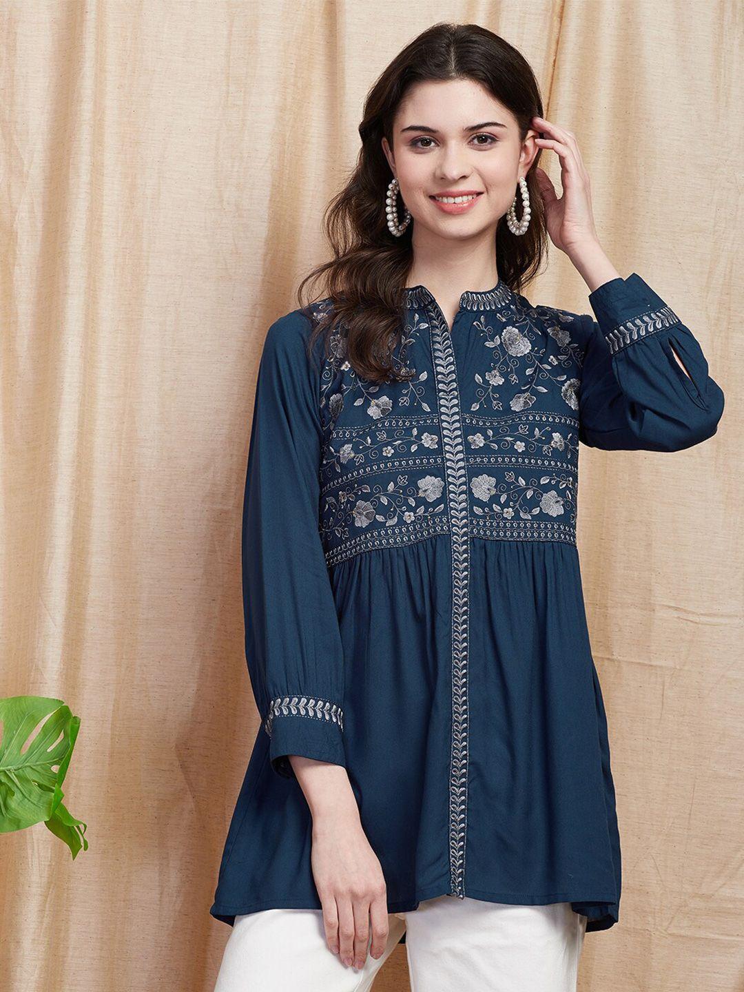 fashor blue ethnic motifs embroidered cuffed sleeves thread work pleated a-line kurti