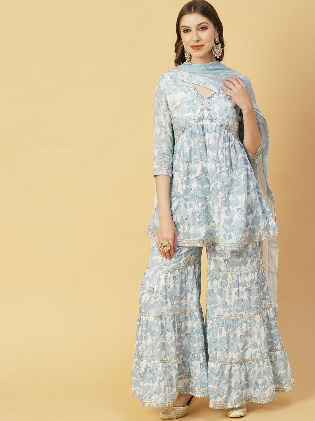 fashor blue floral printed thread work pure cotton kurta with sharara & with dupatta