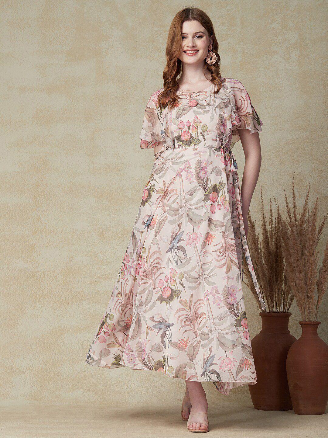 fashor cream-coloured floral print flared sleeve crepe maxi dress