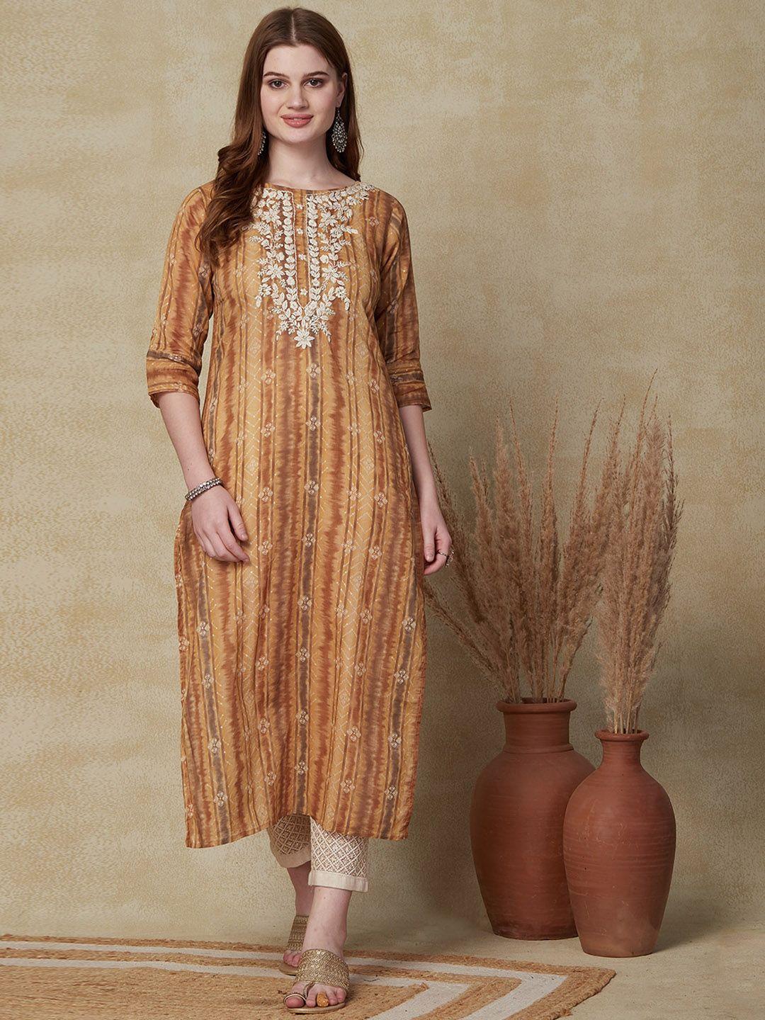 fashor ethnic motif printed thread work cotton kurta