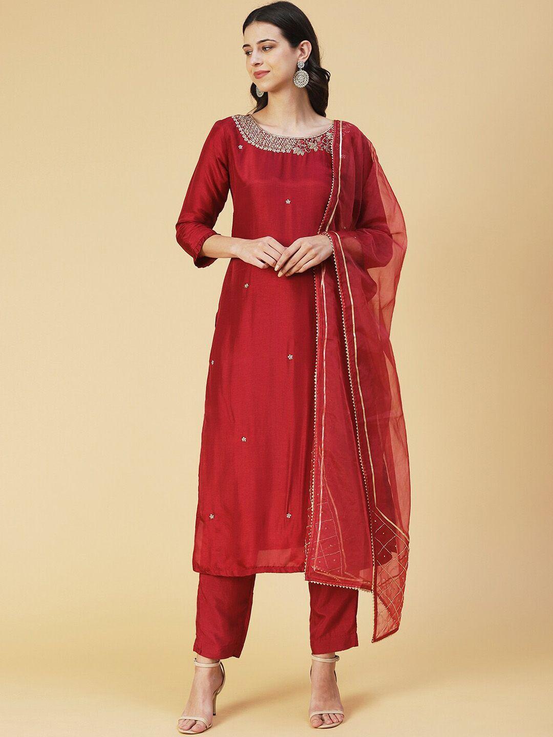 fashor ethnic motifs embroidered beads and stones kurta with trousers & with dupatta