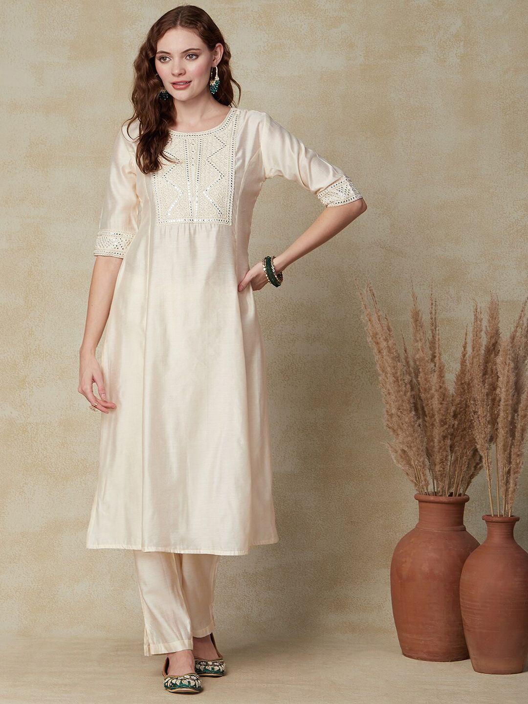 fashor ethnic motifs embroidered mirror work kurta with trousers