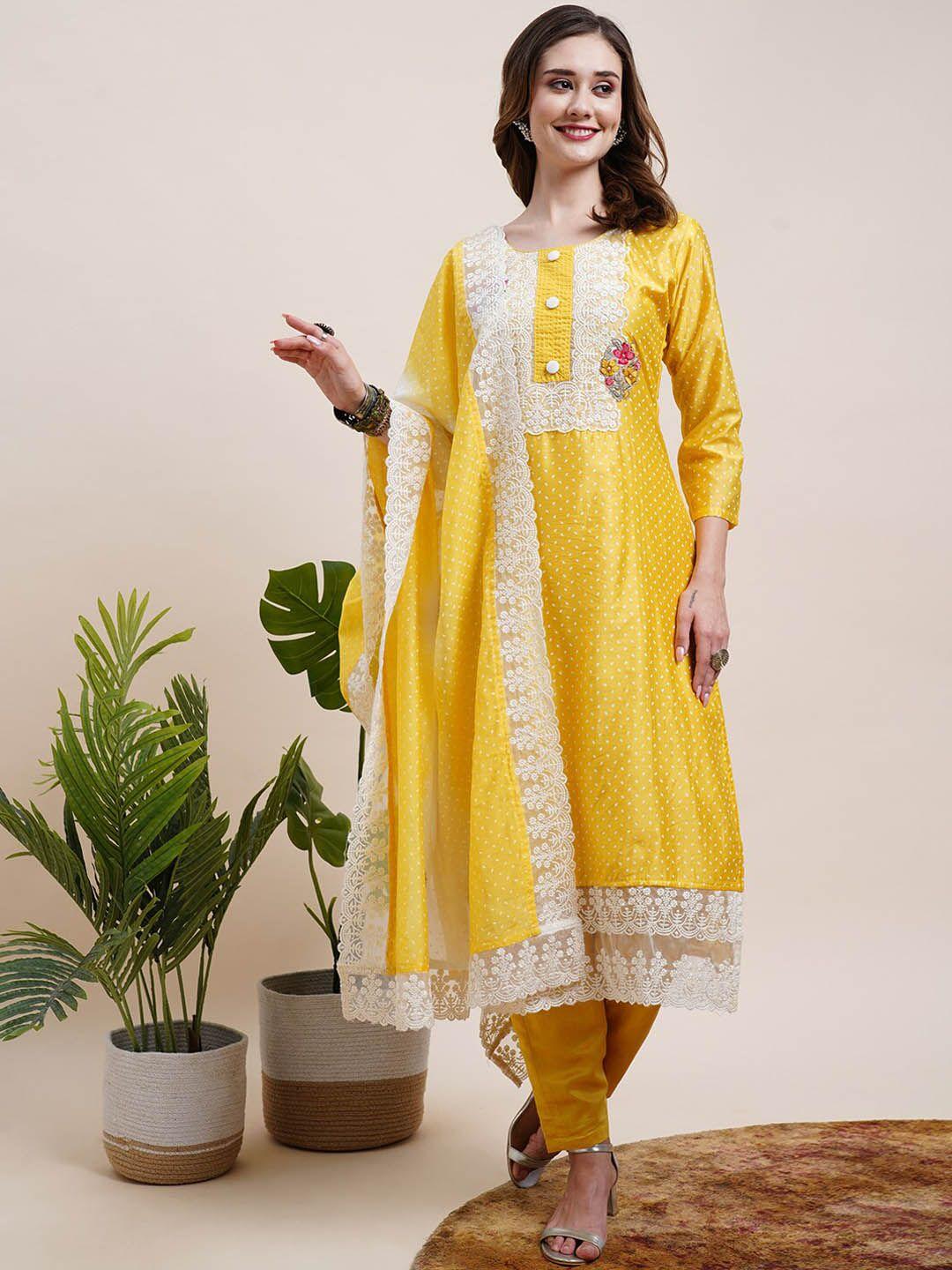 fashor ethnic motifs printed chanderi silk straight kurta & trouser with dupatta