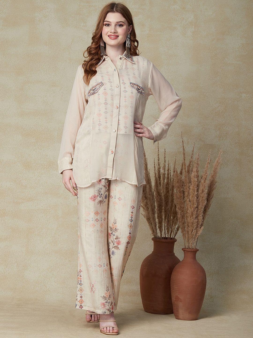 fashor ethnic motifs printed embroidered detail shirt with flared palazzo