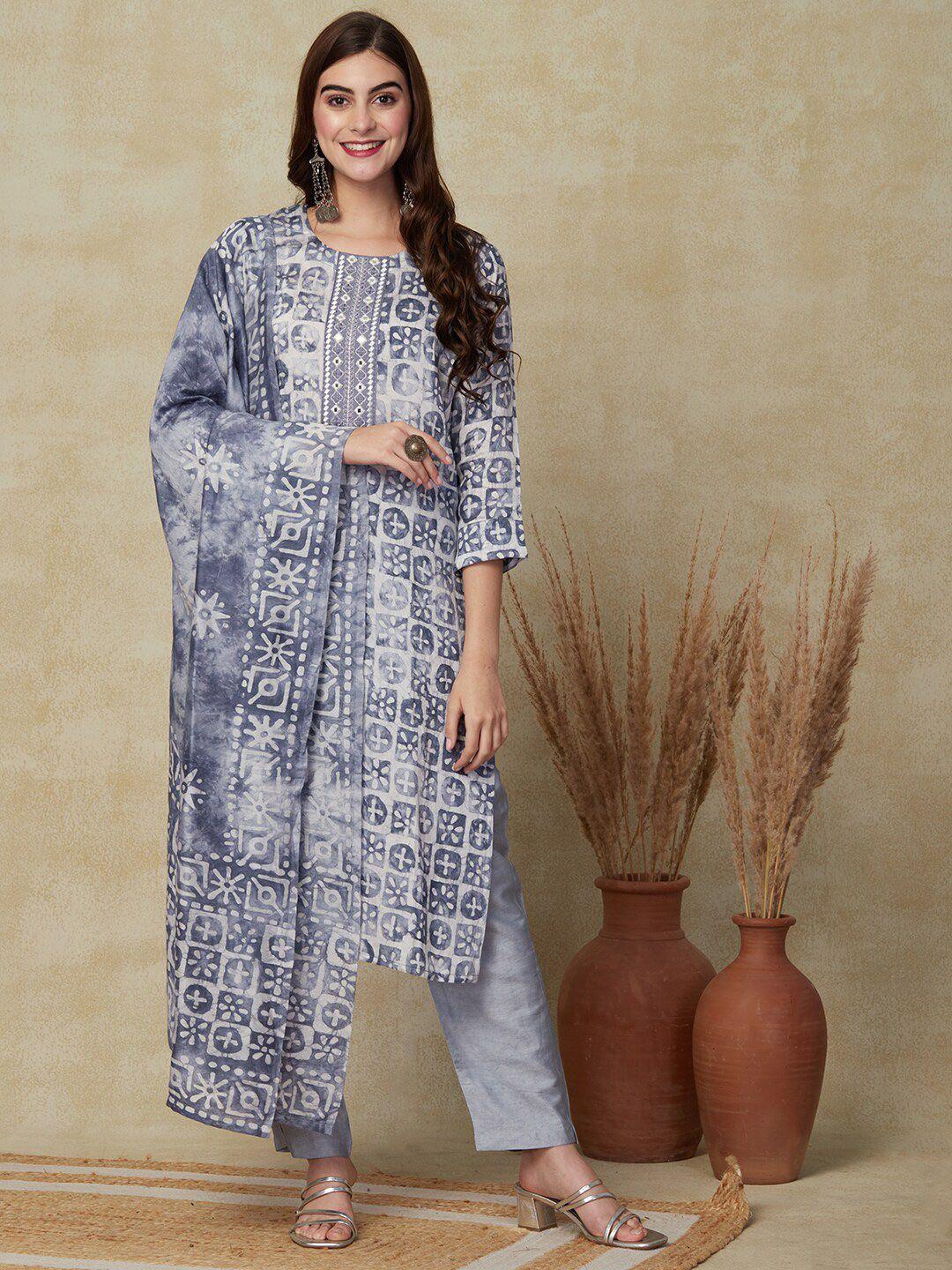 fashor ethnic motifs printed mirror work chanderi silk kurta with trouser & dupatta