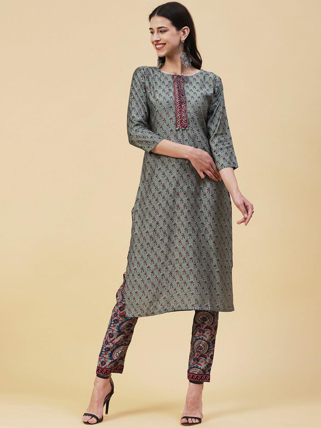 fashor ethnic motifs printed straight tie-up neck kurta with trousers