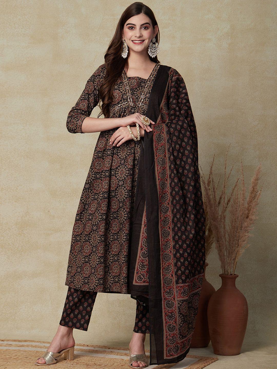 fashor ethnic motifs printed thread work pure cotton a-line kurta with trousers & dupatta