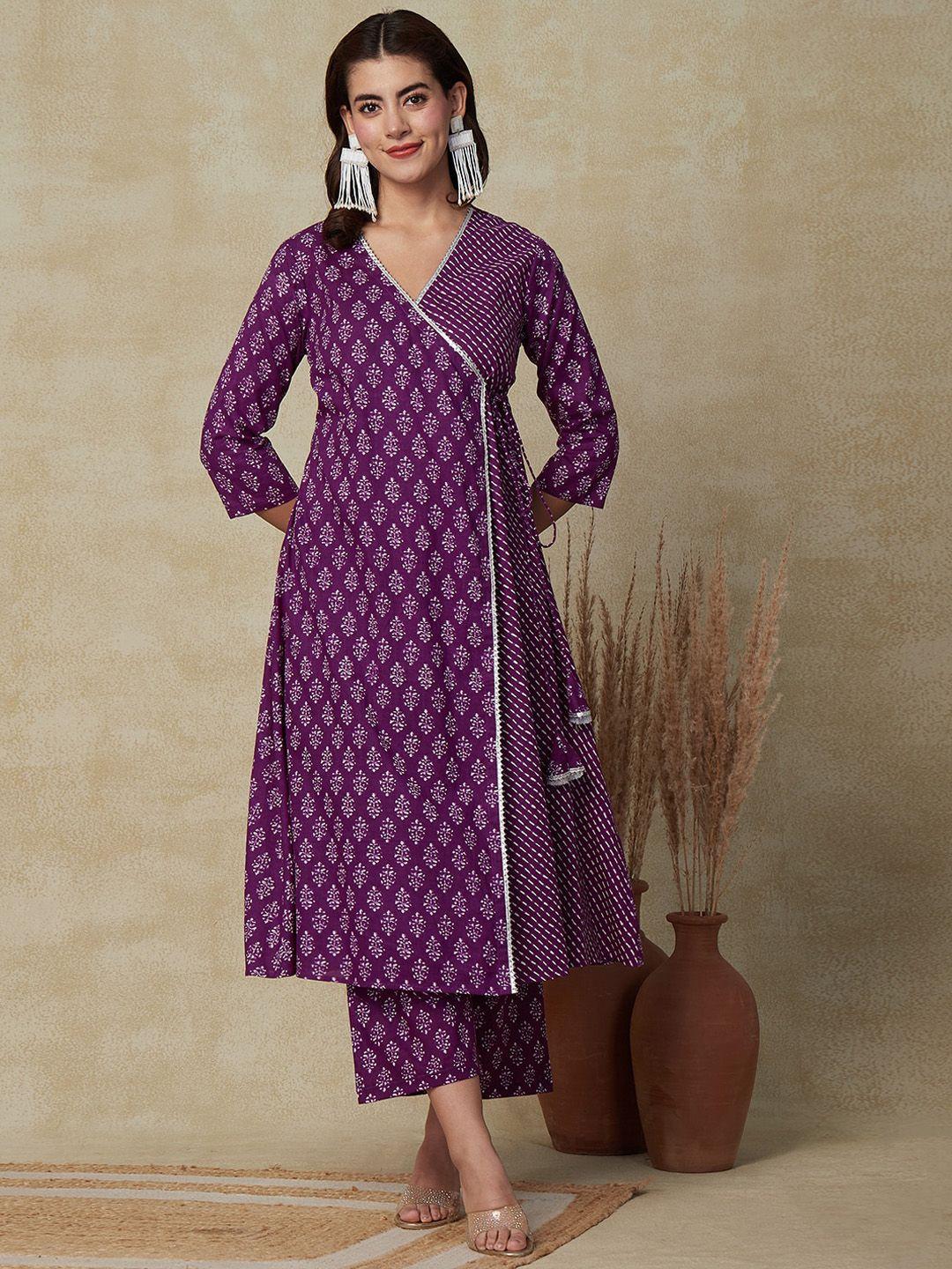 fashor ethnic motifs printed v-neck angrakha cotton straight kurta with palazzos