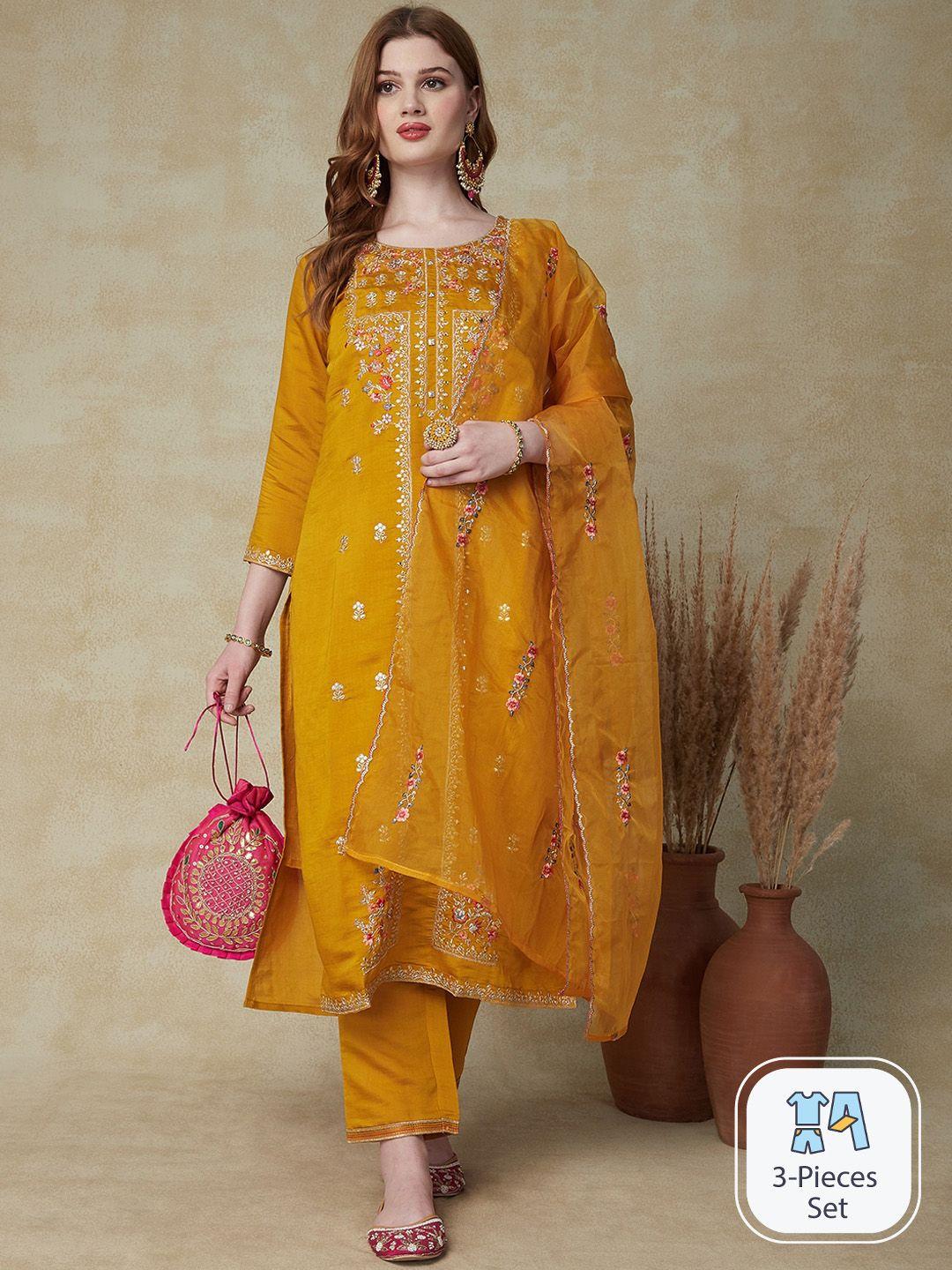fashor floral embroidered mirror work kurta & trousers with dupatta