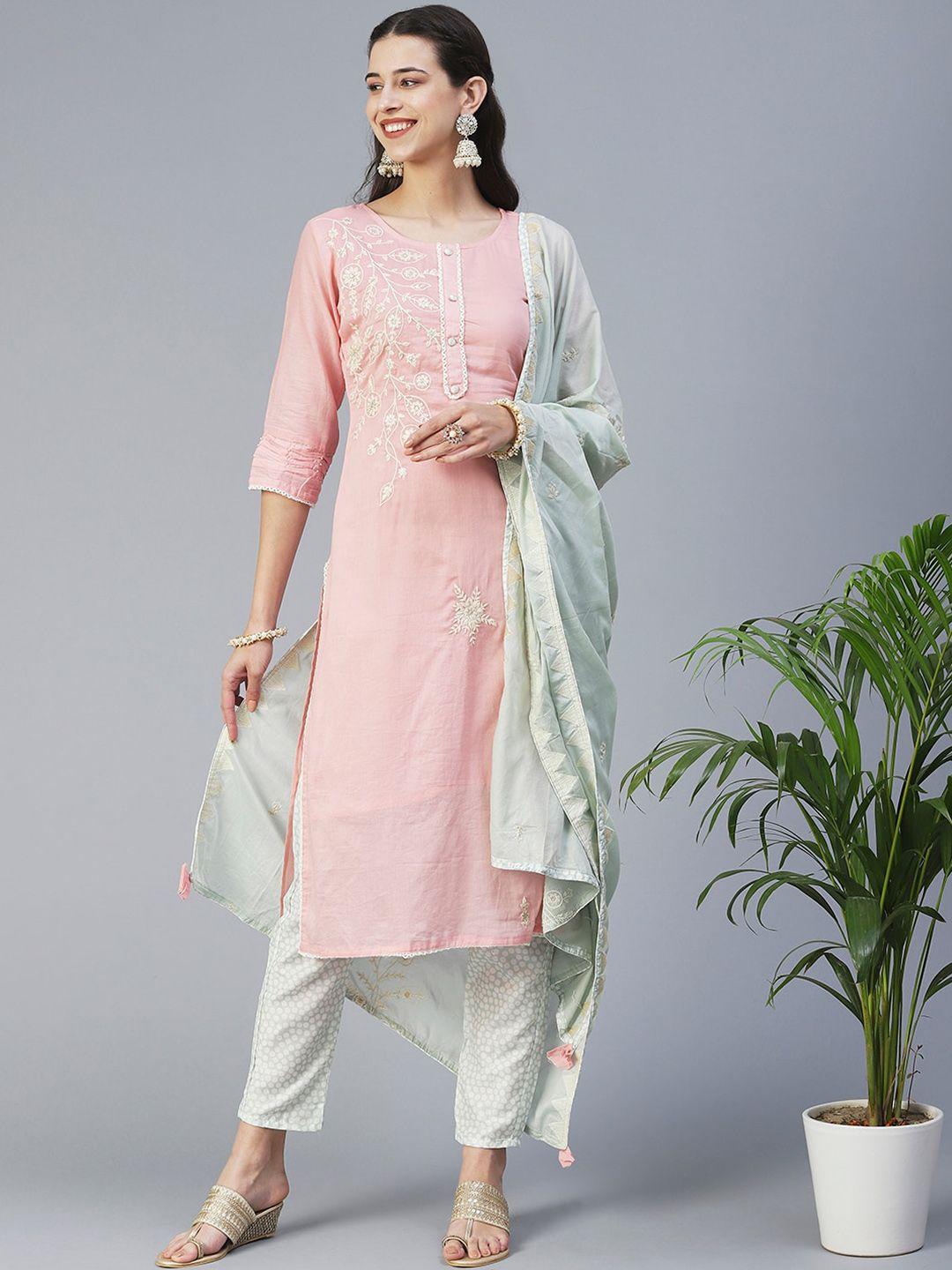 fashor floral embroidered pure cotton kurta with trousers & dupatta