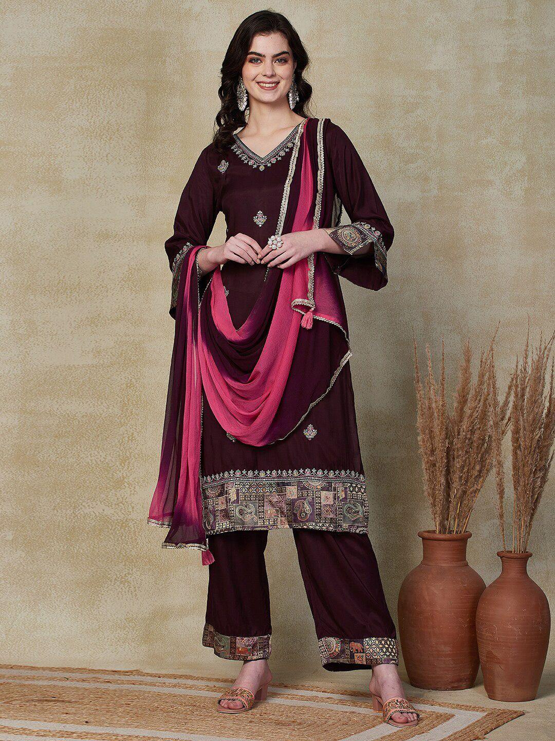 fashor floral embroidered regular thread work kurta with trousers & dupatta
