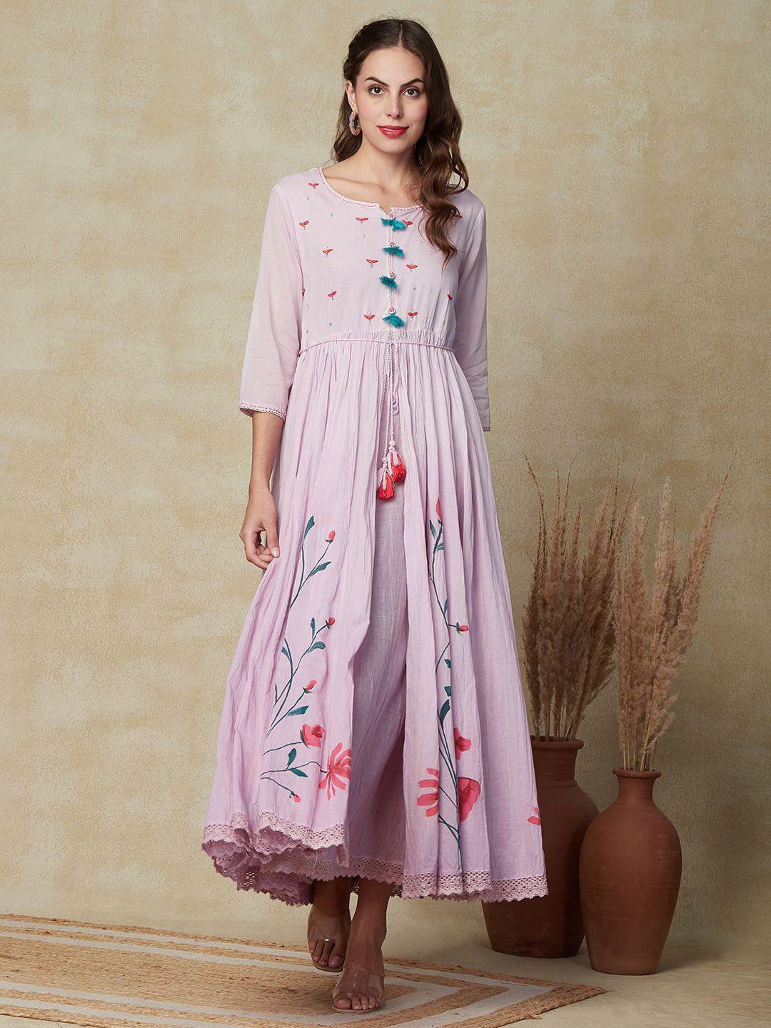 fashor floral embroidered round neck gathered cotton fit & flare dress