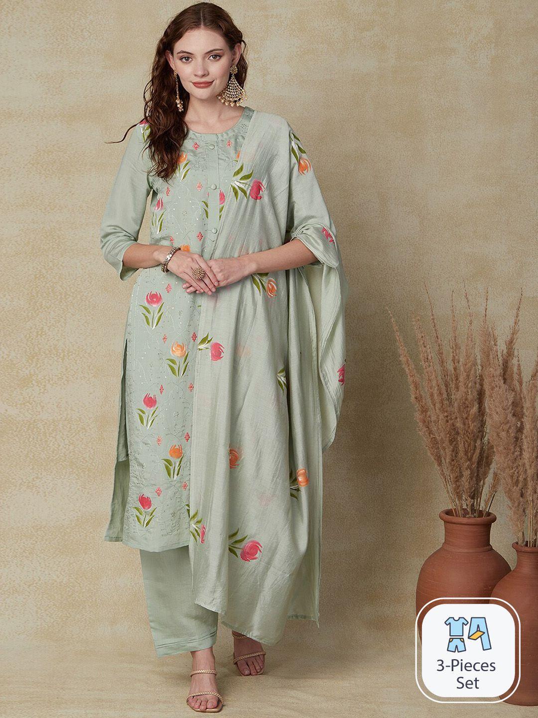 fashor floral embroidered sequinned straight kurta with trousers & dupatta