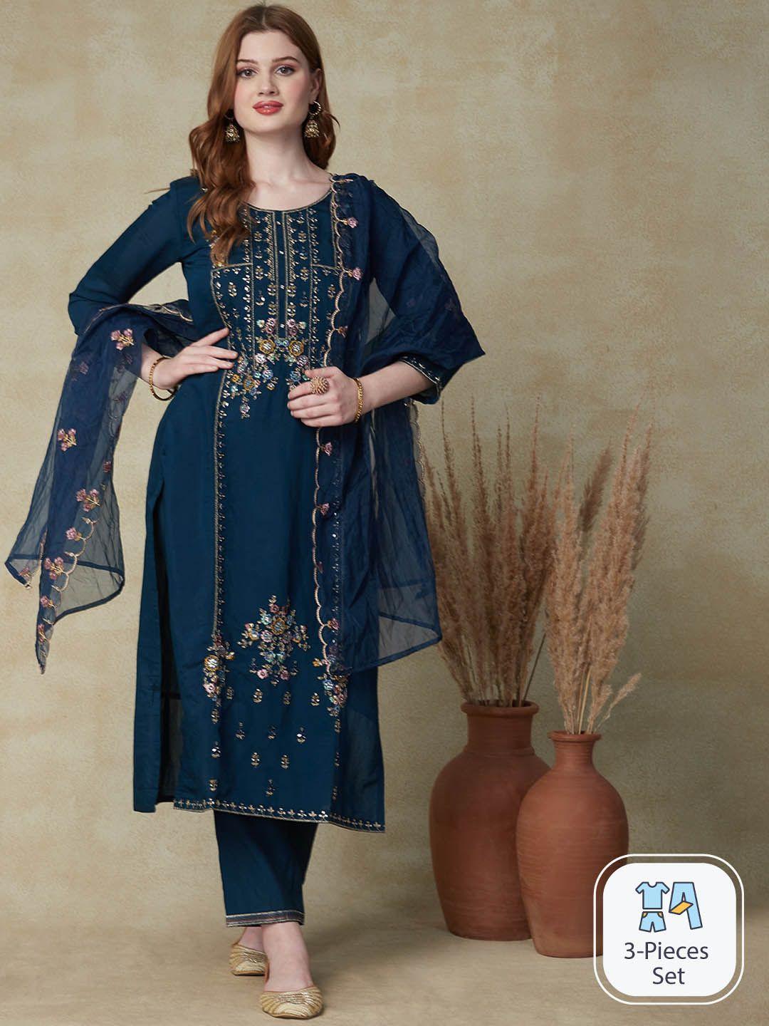 fashor floral embroidered straight kurta & trousers with dupatta