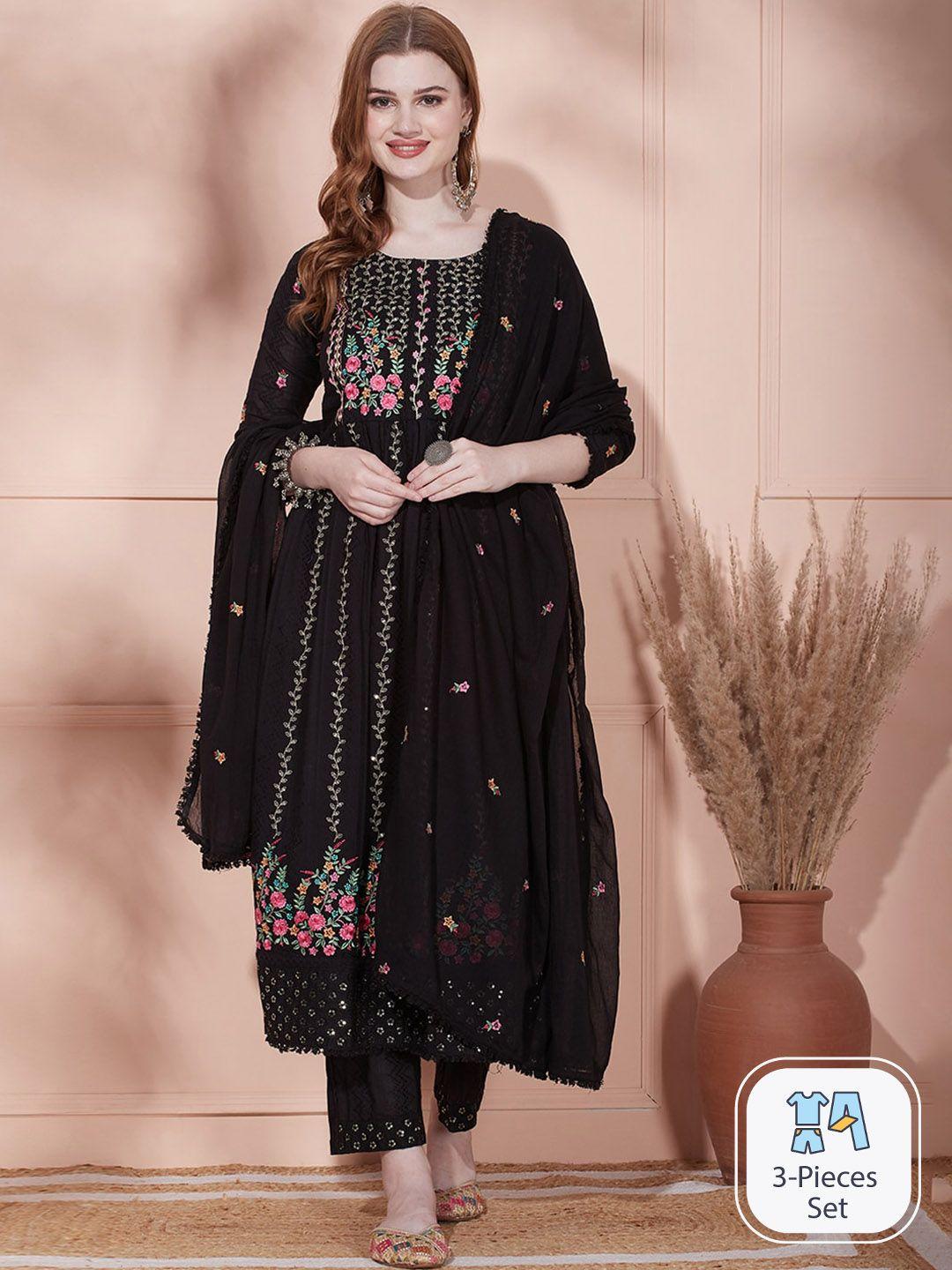 fashor floral embroidered thread work pure cotton kurta & trousers with dupatta