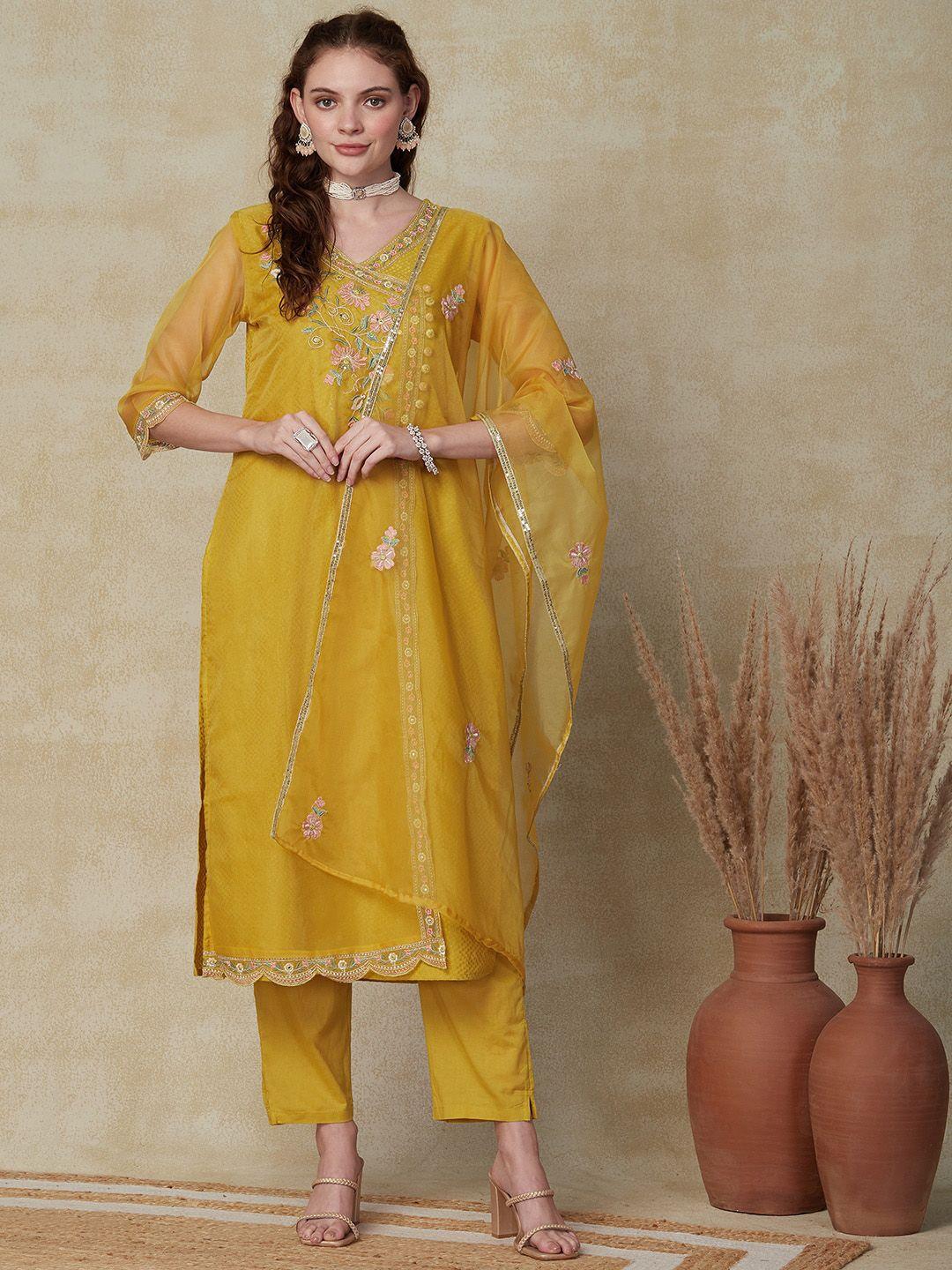 fashor floral embroidered v-neck straight kurta & trouser with dupatta