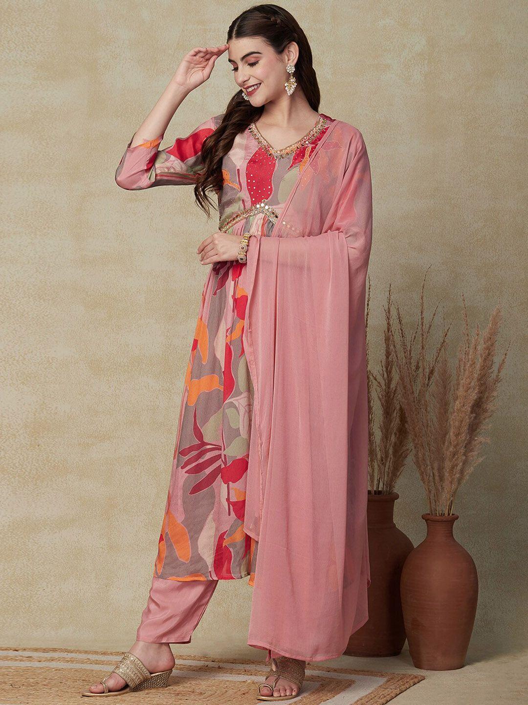 fashor floral printed a-line empire pleated beads & stones kurta with trousers & dupatta