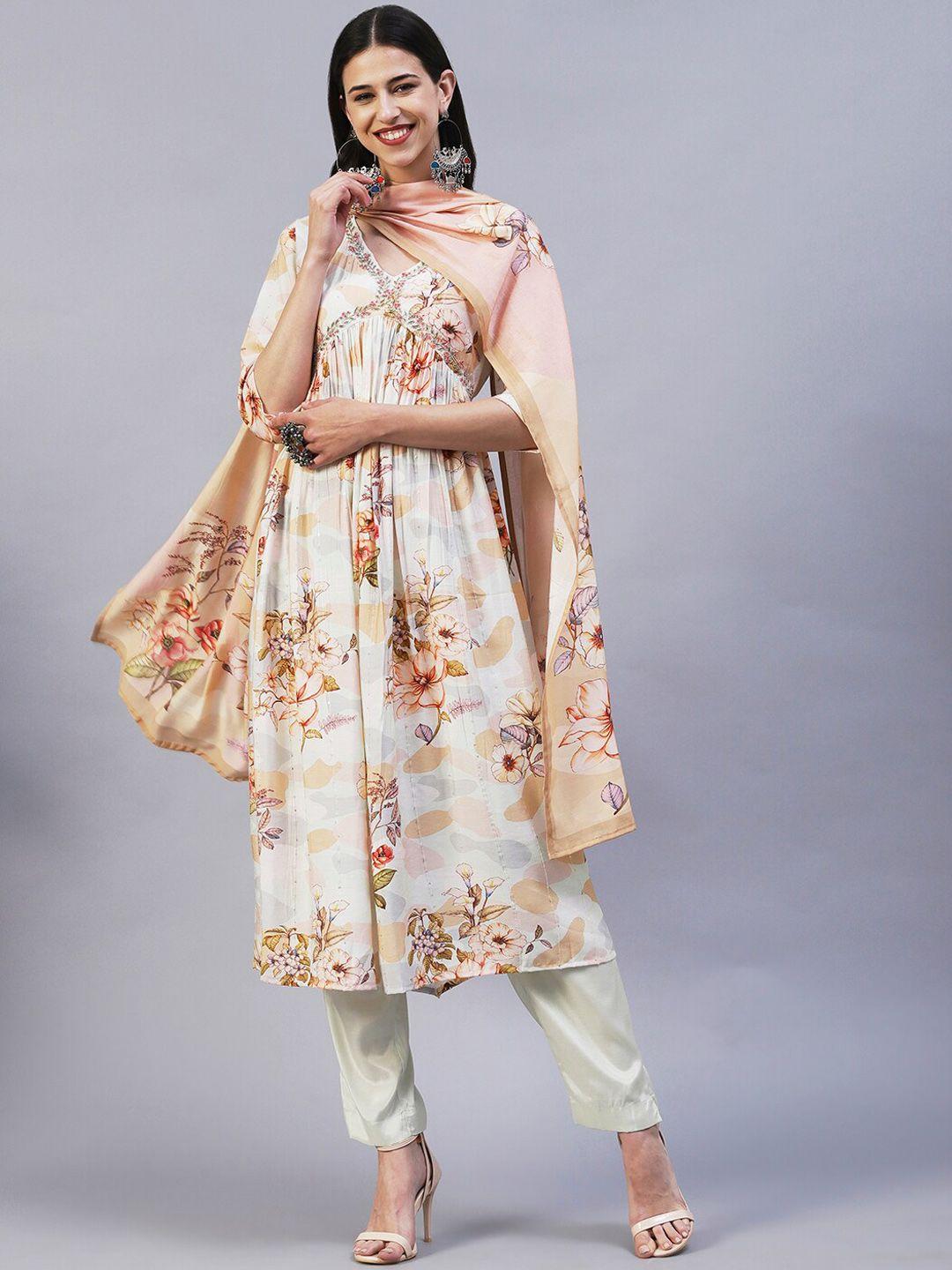 fashor floral printed empire thread work kurta with trousers & with dupatta