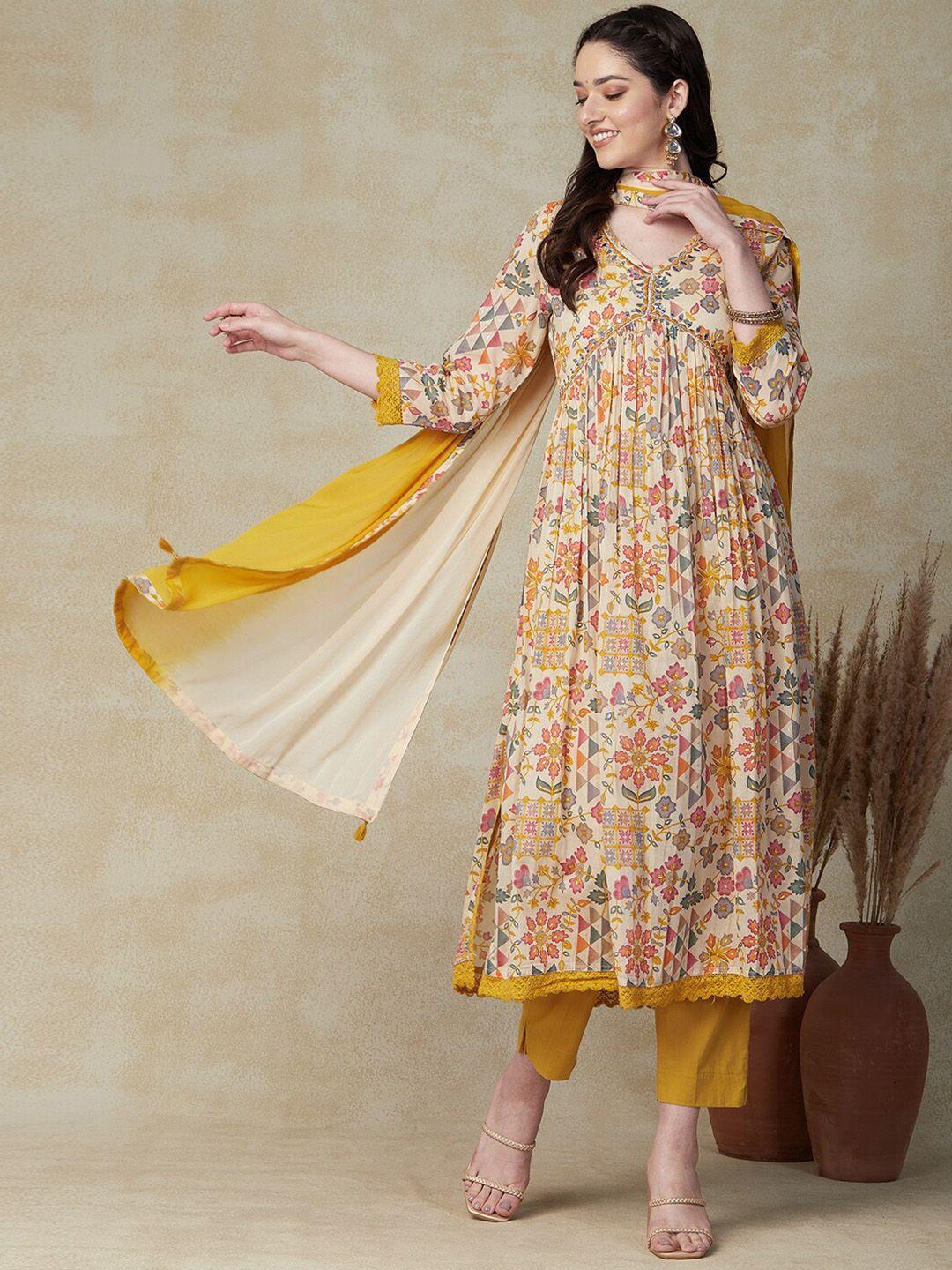 fashor floral printed empire thread work kurta with trousers & with dupatta