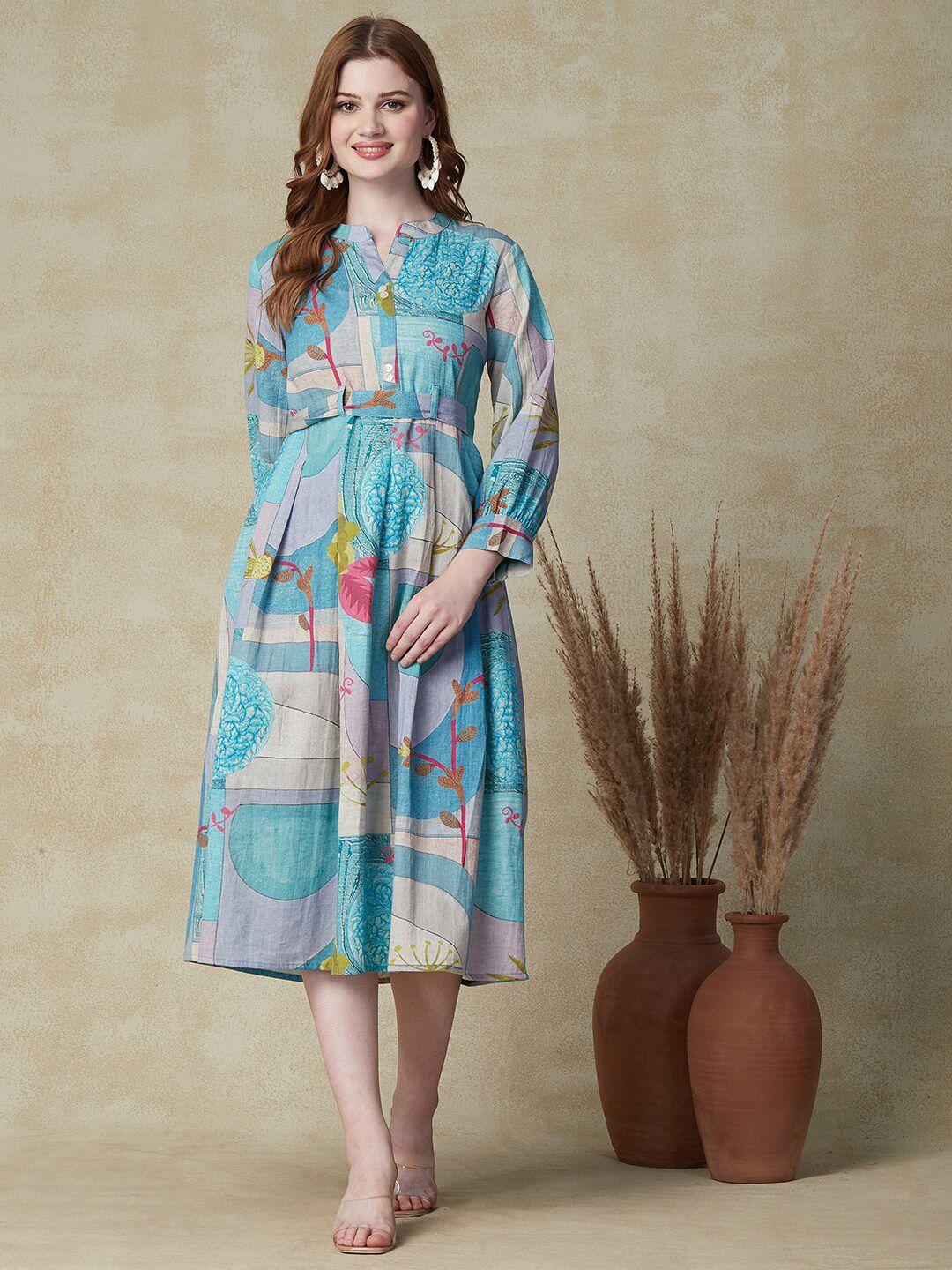 fashor floral printed gathered a-line midi dress with belt
