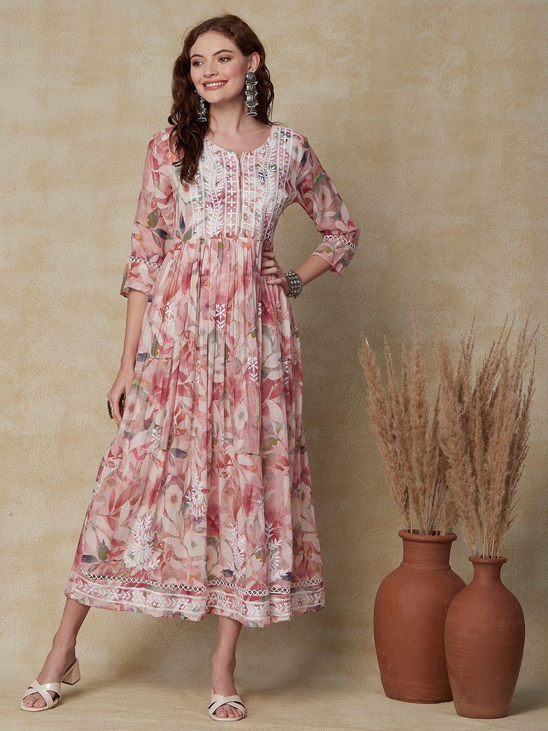 fashor floral printed gathered cotton  a-line midi ethnic dress