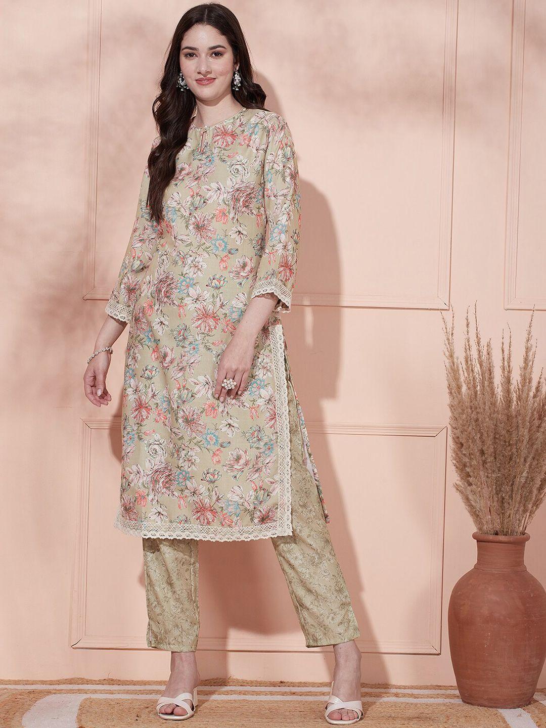 fashor floral printed keyhole neck straight linen kurta with trousers