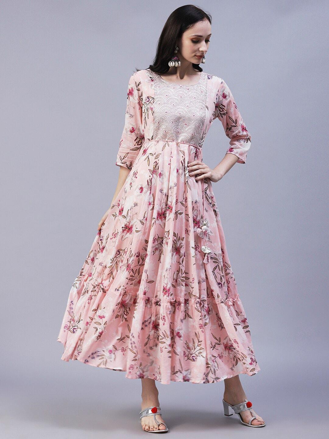 fashor floral printed midi a-line cotton dress