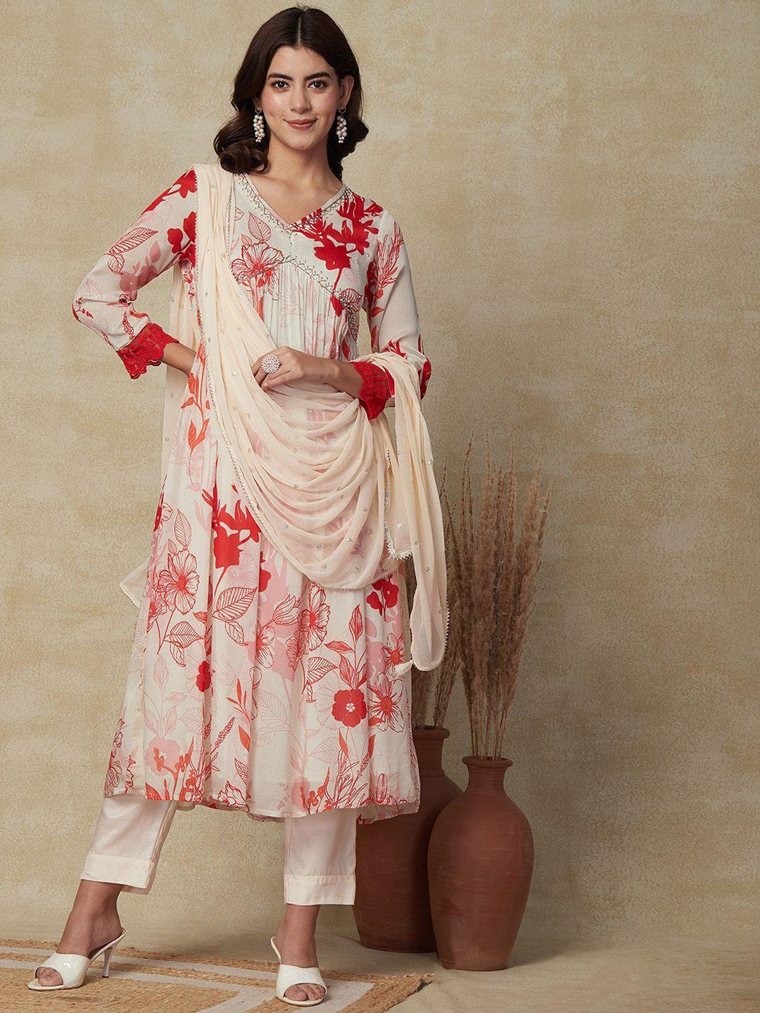 fashor floral printed pleated beads and stones kurta with trousers & dupatta