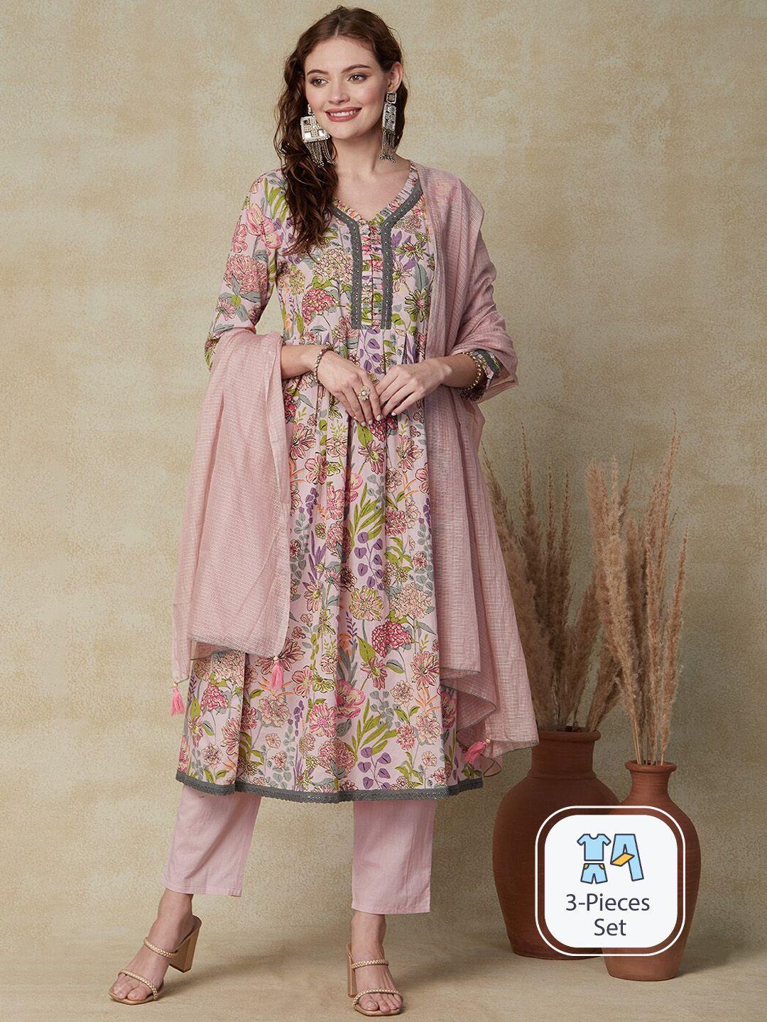 fashor floral printed pleated pure cotton kurta with trousers & dupatta