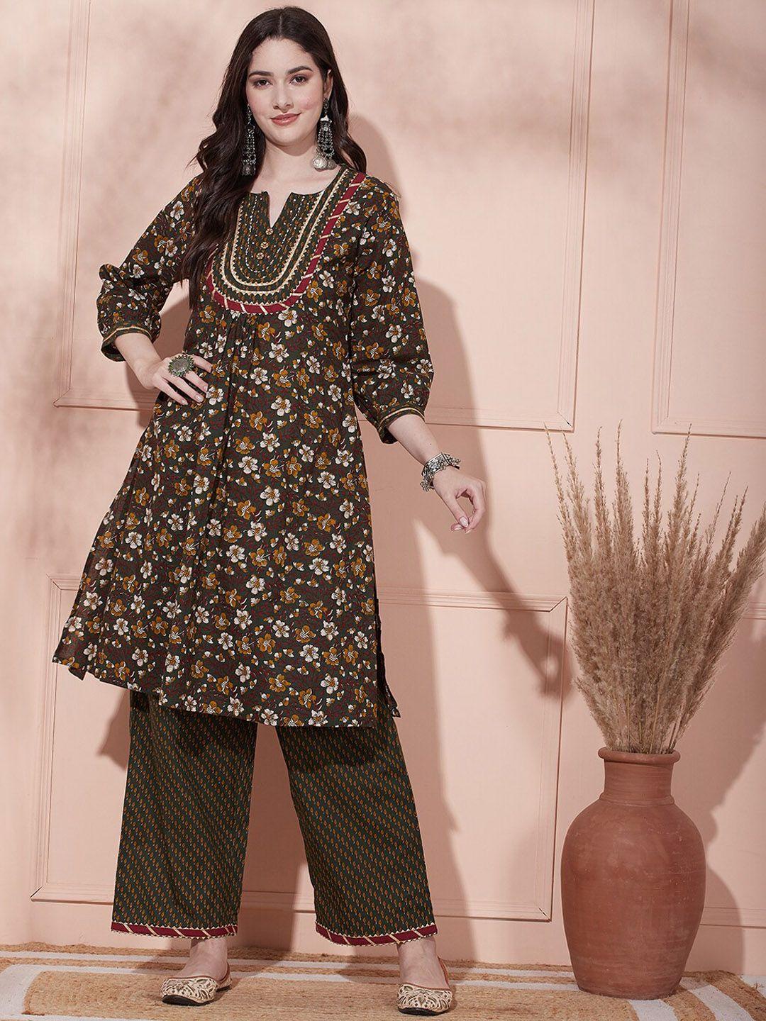 fashor floral printed puff sleeves gotta patti pure cotton a-line kurta with palazzos