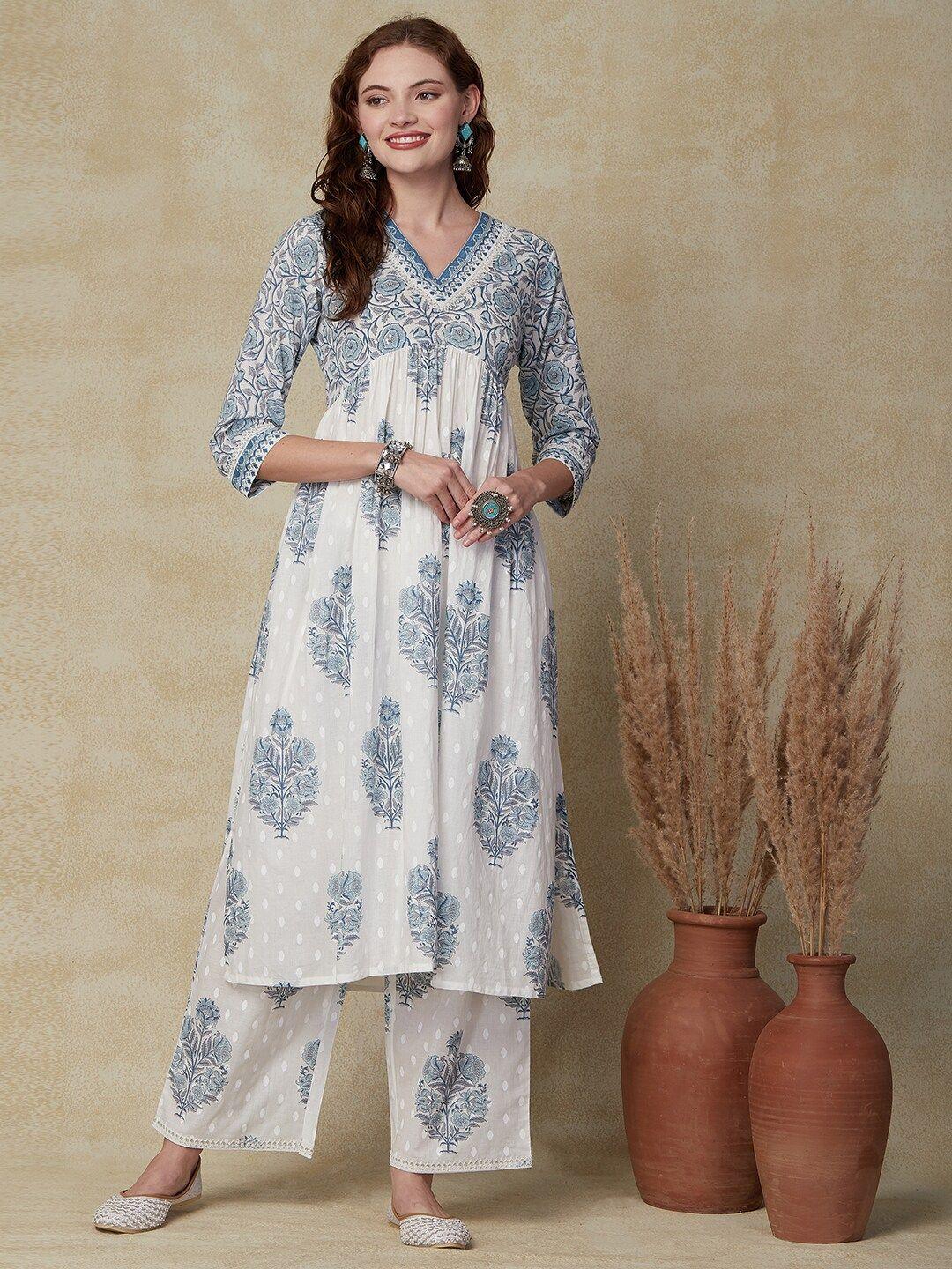 fashor floral printed pure cotton pleated a-line kurta with palazzos