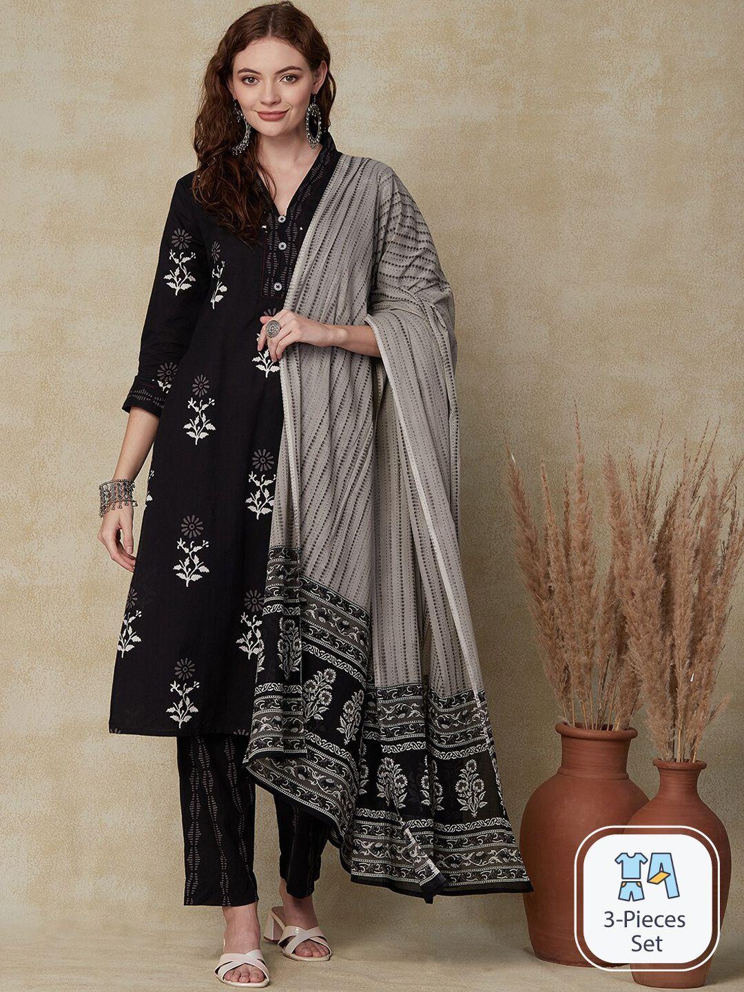 fashor floral printed pure cotton straight kurta & trousers with dupatta