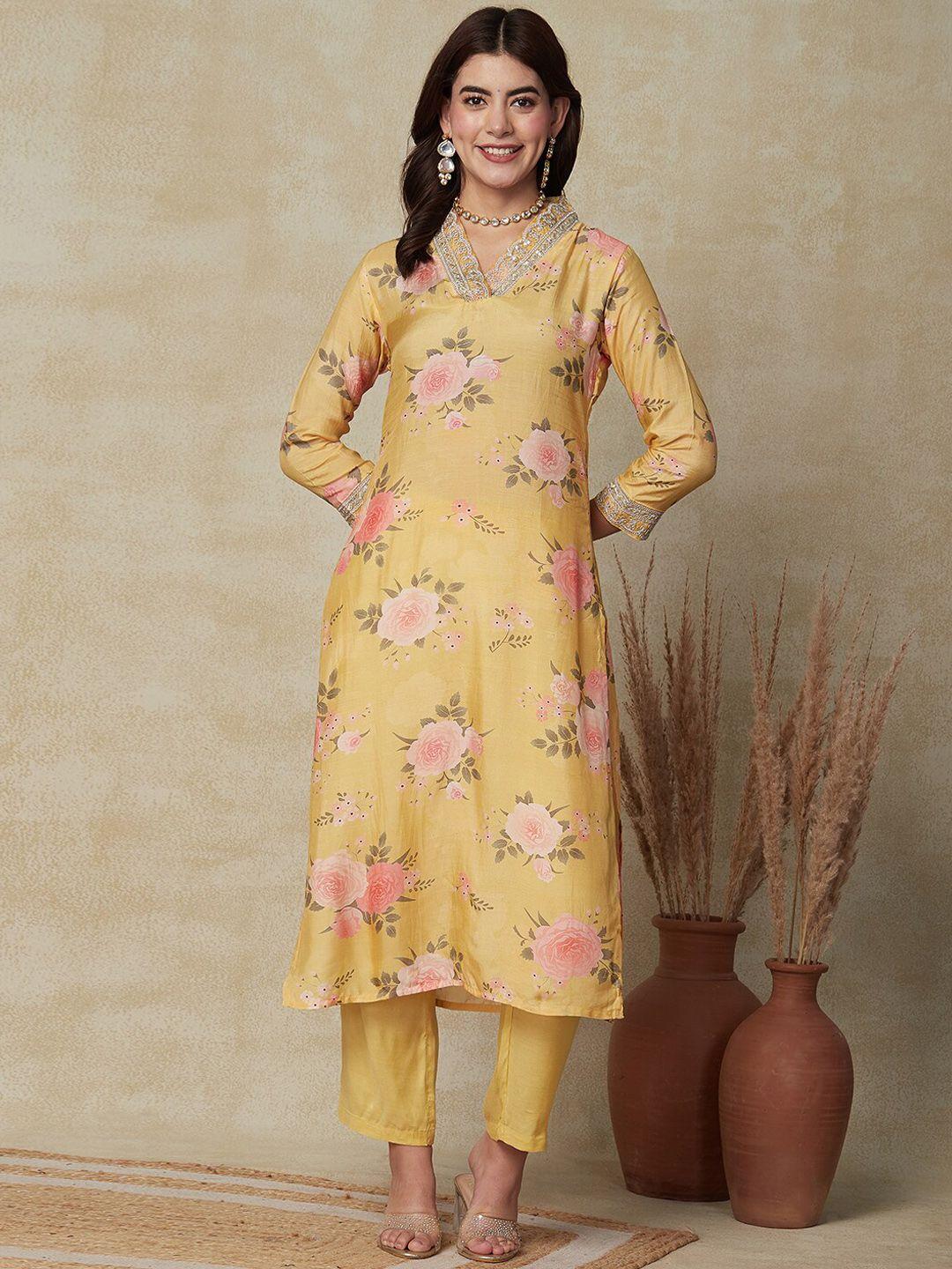 fashor floral printed sequinned kurta & trousers with dupatta