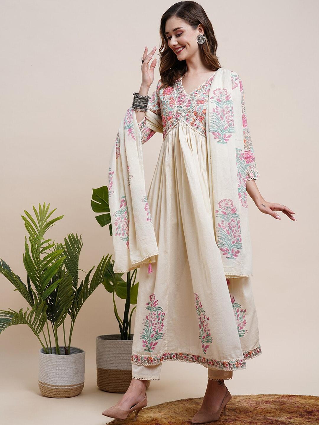 fashor floral printed sequinned pure cotton a-line kurta with trousers & dupatta