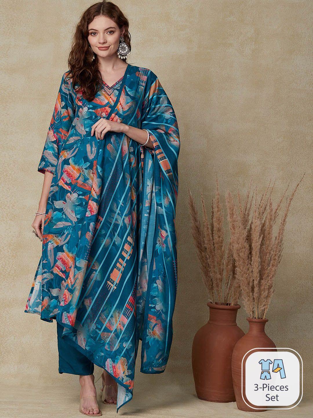 fashor floral printed straight kurta with trousers & dupatta