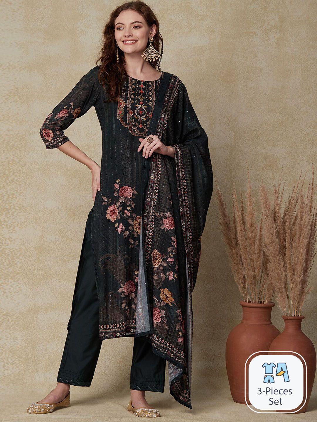 fashor floral printed straight sequinned kurta with trousers & dupatta