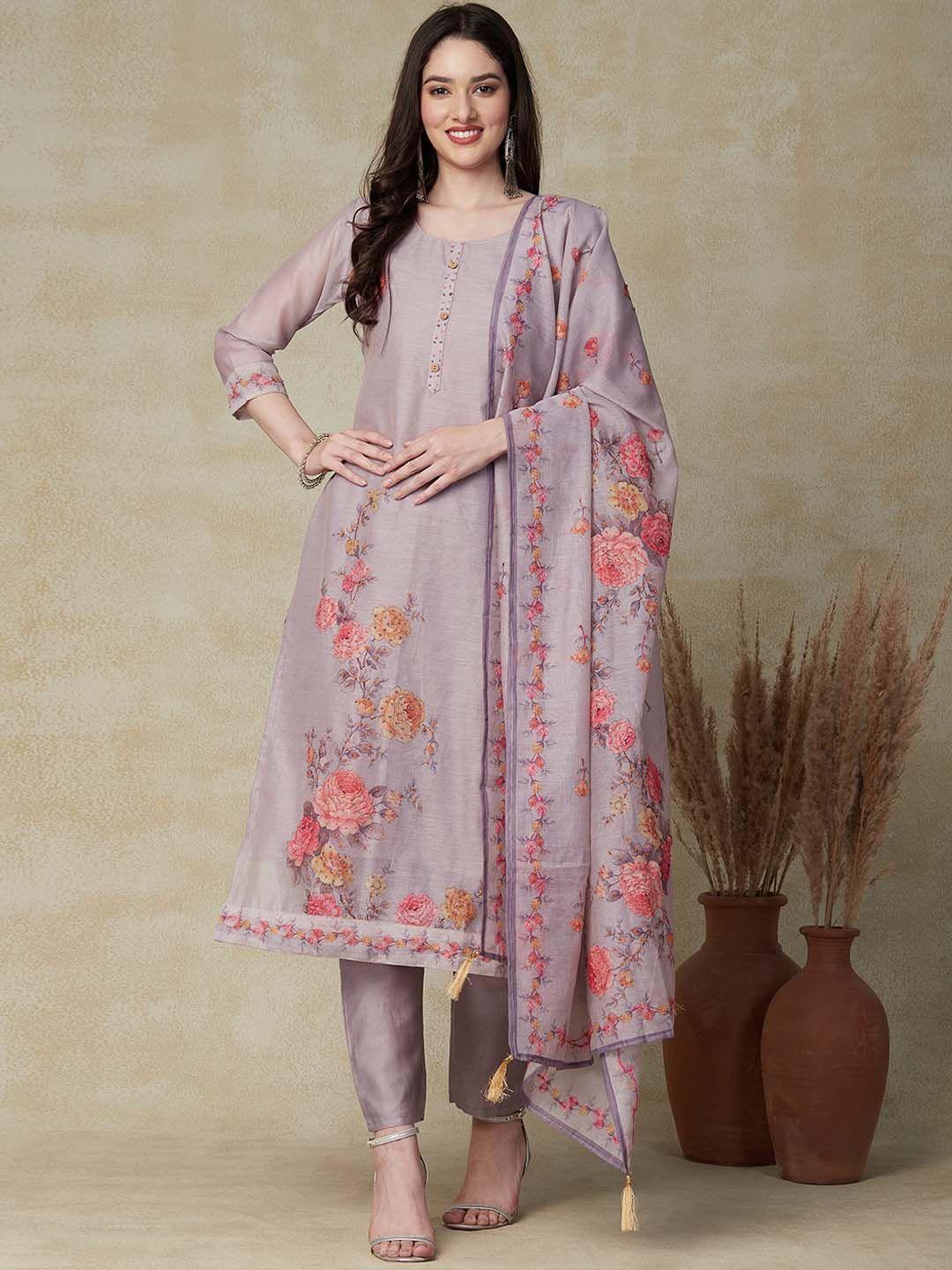 fashor floral printed thread work chanderi silk kurta with trousers & dupatta
