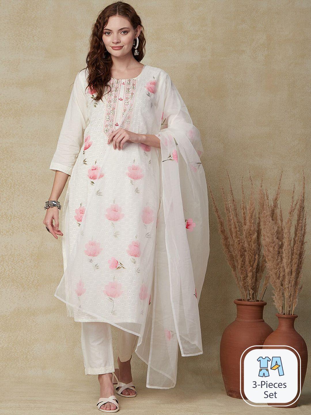 fashor floral printed thread work pure cotton kurta & trousers with dupatta
