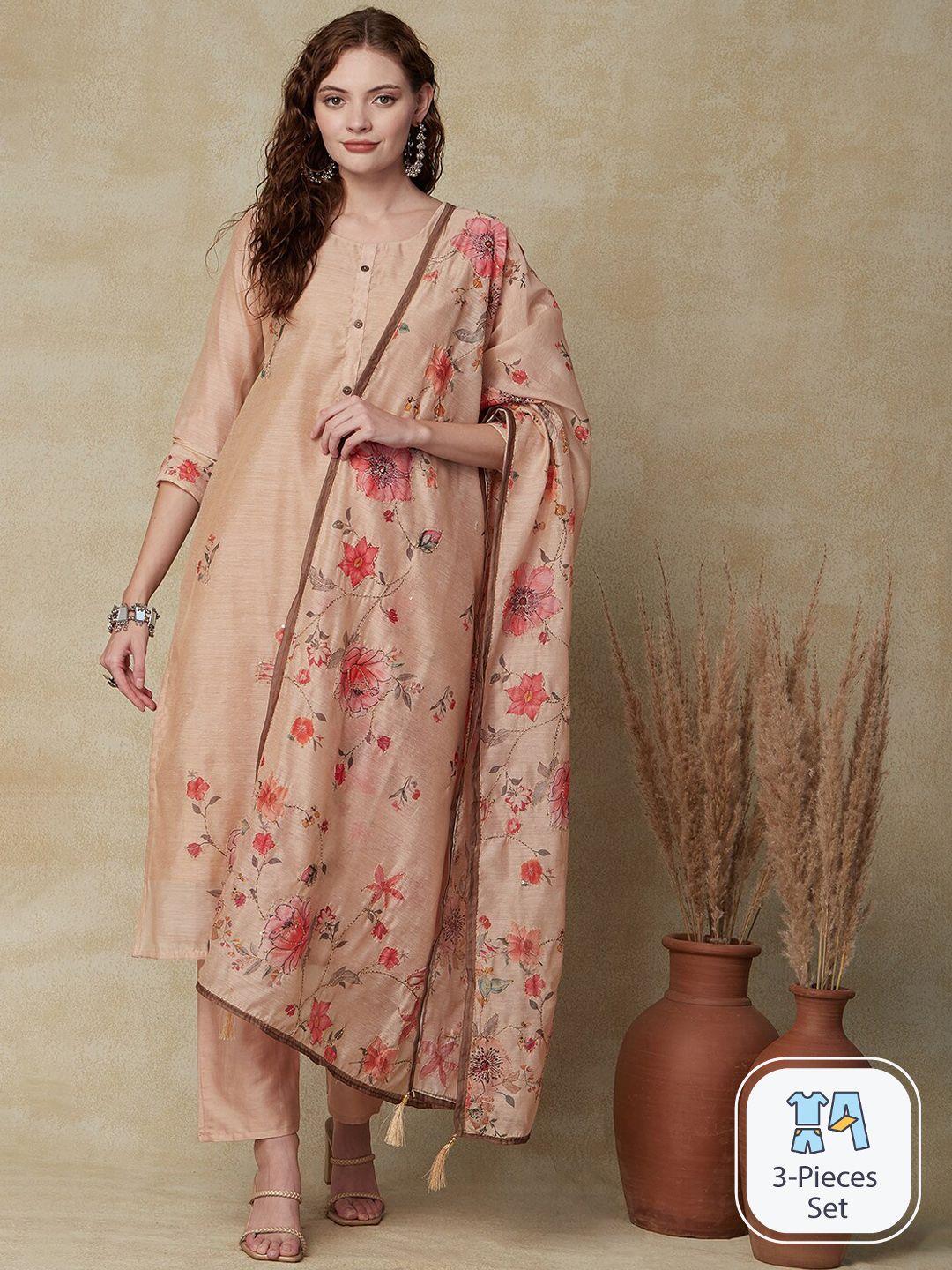 fashor floral printed thread work straight kurta with trousers & dupatta