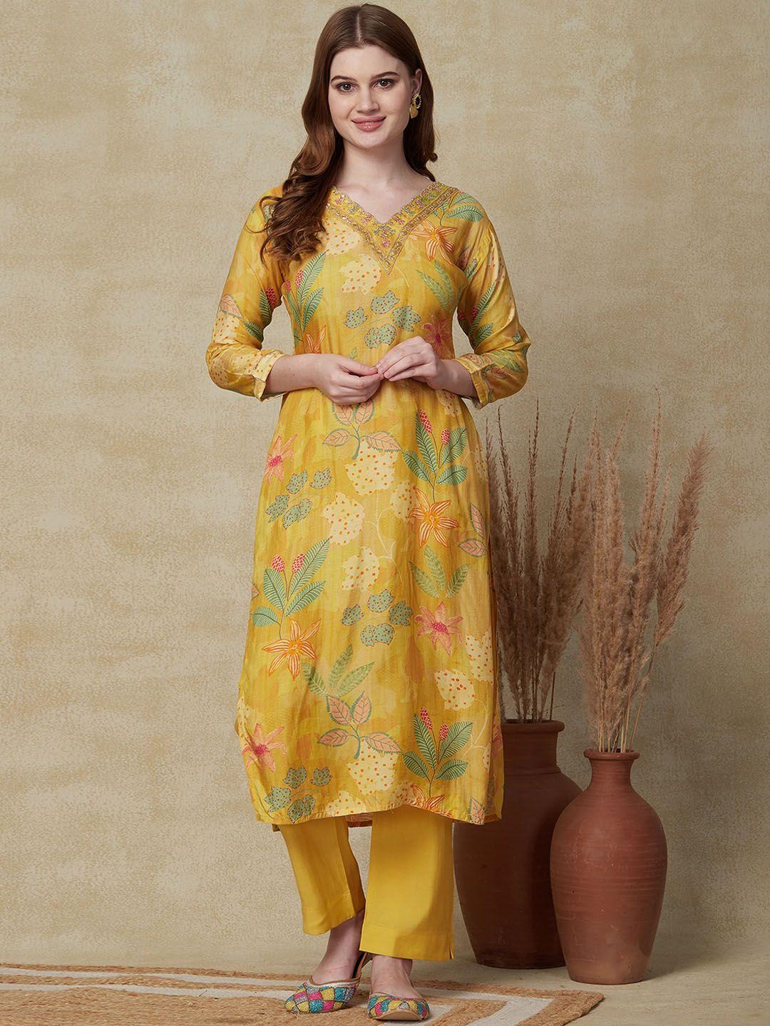 fashor floral printed v neck thread work kurta with trousers & with dupatta
